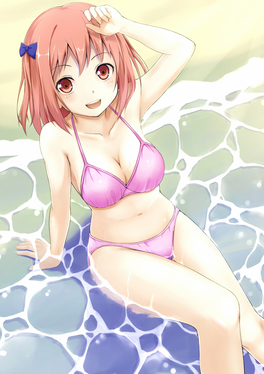 beach bikini breasts cleavage hataraku_maou-sama! highres large_breasts md5_mismatch ocean open_mouth oruna outdoors pink_bikini pink_hair red_eyes sasaki_chiho short_hair short_twintails smile solo swimsuit twintails water
