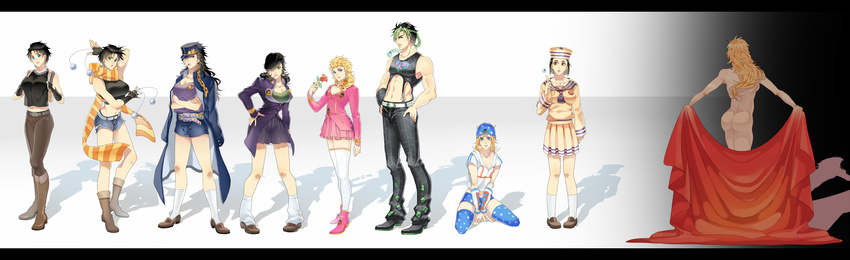 6+girls a821 ass bad_id bad_pixiv_id birthmark bola_(weapon) breasts bubble cape dio_brando dixie_cup_hat flower genderswap genderswap_(ftm) genderswap_(mtf) giorno_giovanna hat higashikata_jousuke higashikata_jousuke_(jojolion) highres johnny_joestar jojo_no_kimyou_na_bouken jojolion jonathan_joestar joseph_joestar_(young) kuujou_jolyne kuujou_joutarou medium_breasts military_hat multiple_girls red_flower red_rose rose star steel_ball_run thighhighs