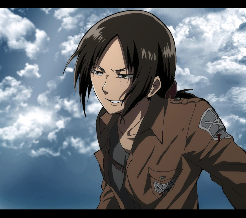 anime_coloring black_hair cloud day emblem freckles highres jacket letterboxed looking_away official_style paradis_military_uniform ryo_(0626kk) shingeki_no_kyojin sky smirk solo training_corps_(emblem) ymir_(shingeki_no_kyojin)