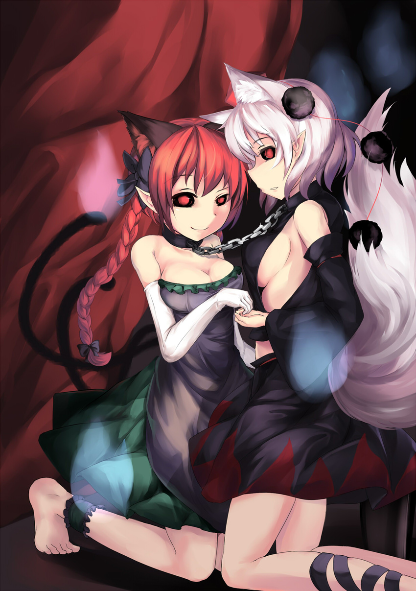 463_jun alternate_color animal_ears anklet bare_shoulders barefoot black_sclera bow braid breasts cat_ears cat_tail chain collar detached_sleeves elbow_gloves extra_ears gloves hair_bow hat highres inubashiri_momiji jewelry kaenbyou_rin kneeling large_breasts linked_collar long_hair multiple_girls multiple_tails no_bra pointy_ears red_eyes red_hair sideboob skirt smile tail tokin_hat touhou twin_braids twintails white_hair wolf_tail