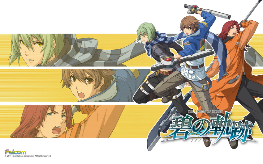 3boys :o belt brown_eyes brown_hair coat company_name copyright_name dual_wielding eiyuu_densetsu enami_katsumi full_body green_eyes green_hair highres holding jacket lloyd_bannings long_hair male_focus multiple_boys official_art open_mouth pants randy_orlando red_hair scarf shoes tonfa wazy_hemisphere weapon yellow_eyes zero_no_kiseki