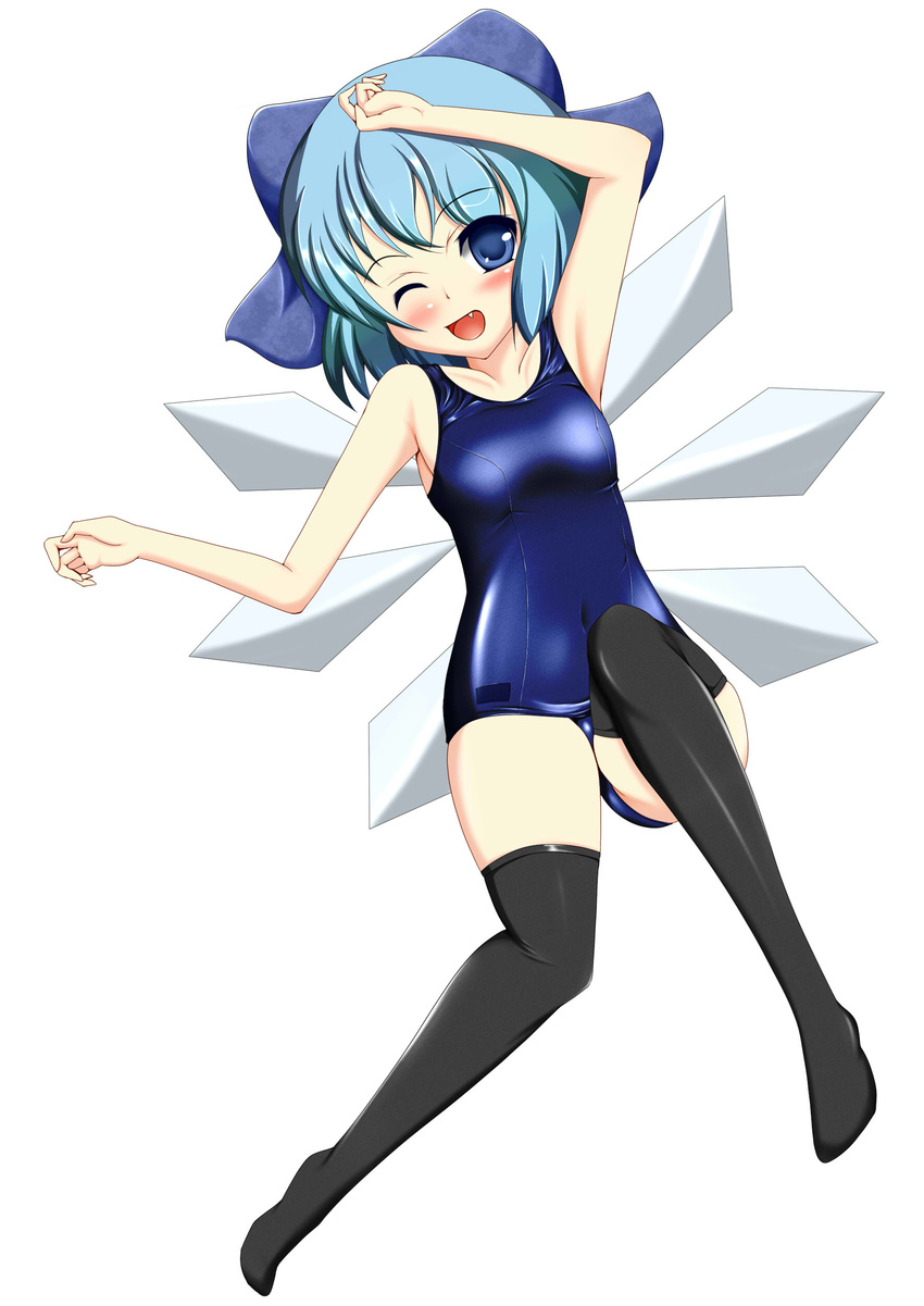 absurdres bad_id bad_pixiv_id black_legwear blush cirno fang highres one-piece_swimsuit school_swimsuit shiny shiny_clothes smile solo swimsuit tera_hiroshi thighhighs touhou