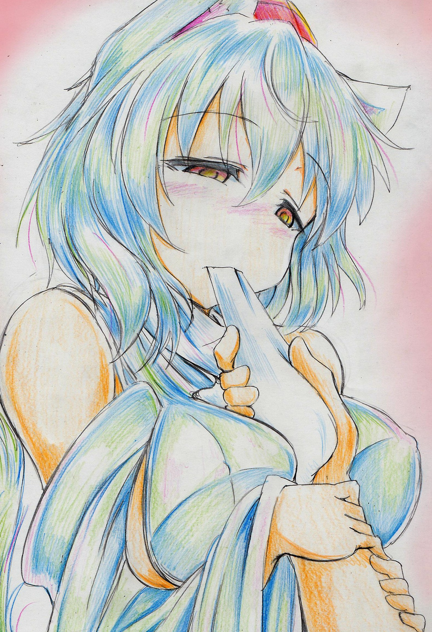 animal_ears arm_grab bare_shoulders between_breasts blush breasts brown_eyes colored_pencil_(medium) detached_sleeves eating face feeding food hand_between_breasts hat highres holding holding_food inubashiri_momiji kitazinger large_breasts mochi out_of_frame short_hair silver_hair solo_focus tokin_hat touhou traditional_media upper_body wagashi wide_sleeves wolf_ears