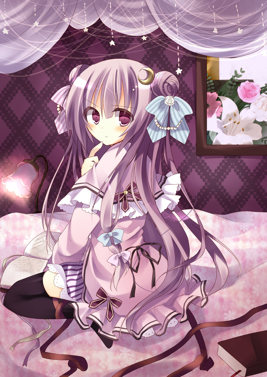 absurdres alternate_hairstyle bed book crescent crescent_hair_ornament double_bun flower hair_ornament hair_ribbon highres kamioto_musu looking_back patchouli_knowledge purple_eyes purple_hair ribbon solo star thighhighs touhou twintails