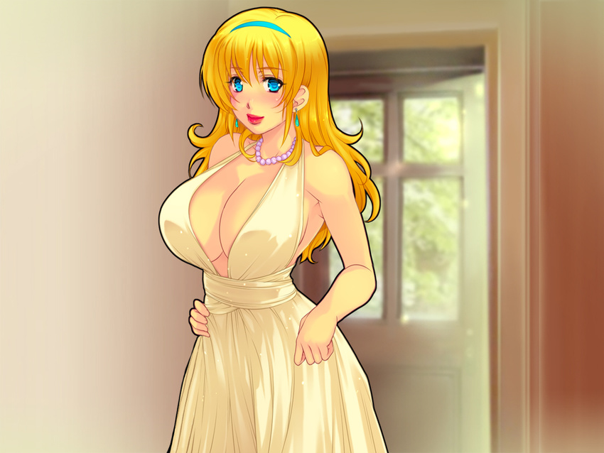 1girl bare_shoulders blond_daisuki! blonde_hair blue_eyes blush breasts cleavage dress earrings hairband highres hips huge_breasts jewelry lipstick long_hair looking_at_viewer makeup necklace smile solo standing yoko_juusuke