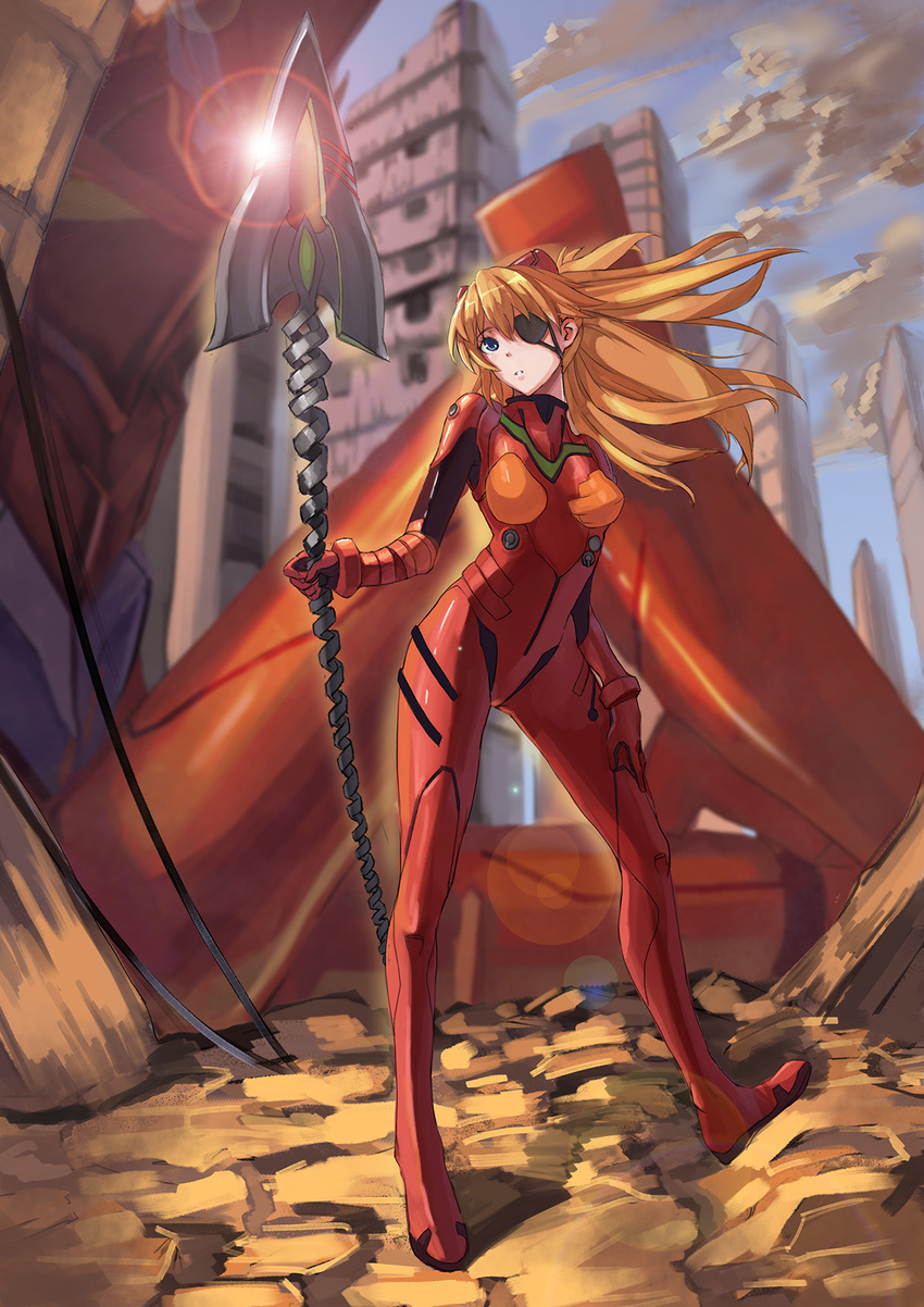 bangs blue_eyes blurry bodysuit bracer building cloud contrapposto day depth_of_field eva_02 evangelion:_3.0_you_can_(not)_redo eyepatch floating_hair from_below full_body gem glint gloves hair_between_eyes hair_ornament hand_on_own_thigh headgear highres hikari123456 holding holding_weapon legs_apart lens_flare long_hair mecha neon_genesis_evangelion orange_hair outdoors parted_lips pilot_suit plugsuit polearm rebuild_of_evangelion shikinami_asuka_langley sitting sky skyscraper souryuu_asuka_langley spear spear_of_cassius standing tape turtleneck two_side_up weapon wind