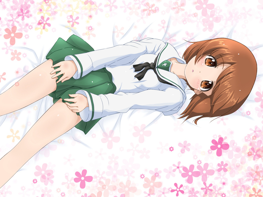 bed_sheet bob_cut brown_eyes brown_hair floral_background flower_(symbol) girls_und_panzer green_skirt highres looking_at_viewer lying nishizumi_miho on_back ooarai_school_uniform pleated_skirt school_uniform serafuku skirt solo tomita_hiroshi