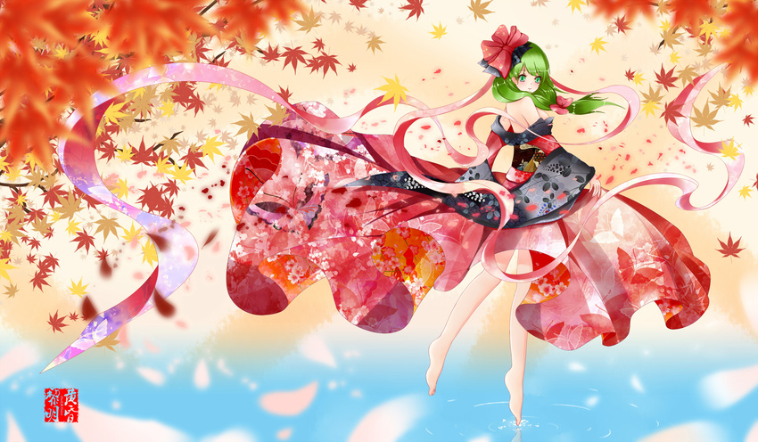alternate_costume autumn bad_id bad_pixiv_id bare_shoulders barefoot blurry bow breasts dclockwork depth_of_field front_ponytail green_eyes green_hair hair_bow hair_ribbon highres japanese_clothes kagiyama_hina kimono large_breasts leaf long_hair off_shoulder ribbon solo standing standing_on_liquid tiptoes touhou water