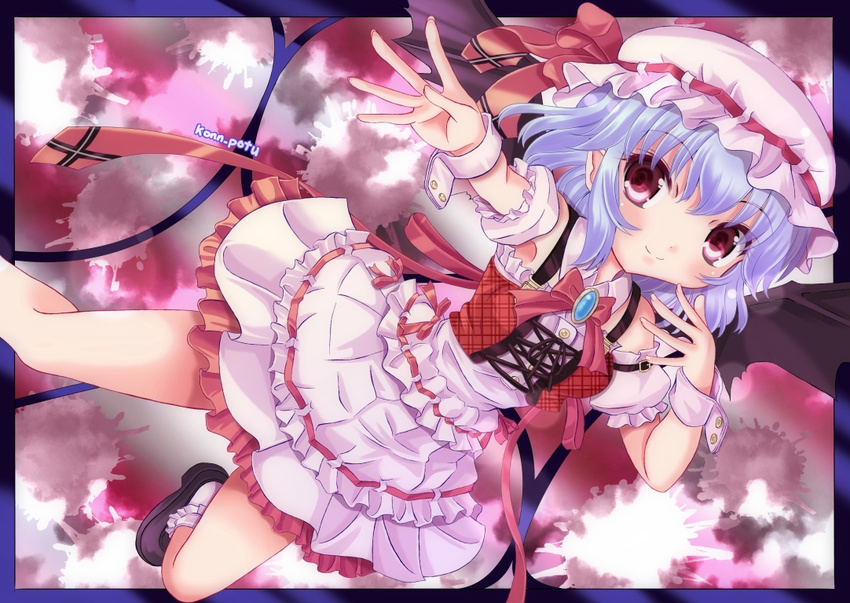 bat_wings blue_hair brooch frills hat hat_ribbon jewelry konpotsu outstretched_arm red_eyes remilia_scarlet ribbon solo touhou wings