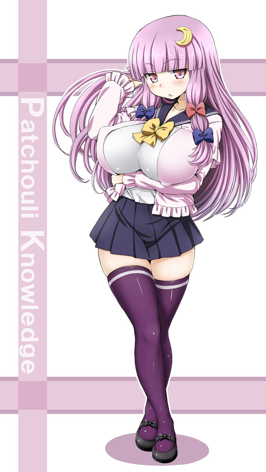 alternate_costume aru_ra_une blush bow breasts character_name contemporary covered_nipples crescent crescent_hair_ornament hair_bow hair_ornament highres huge_breasts long_hair looking_at_viewer miniskirt patchouli_knowledge perky_breasts puffy_nipples purple_eyes purple_hair purple_legwear school_uniform skirt solo standing thighhighs touhou zettai_ryouiki