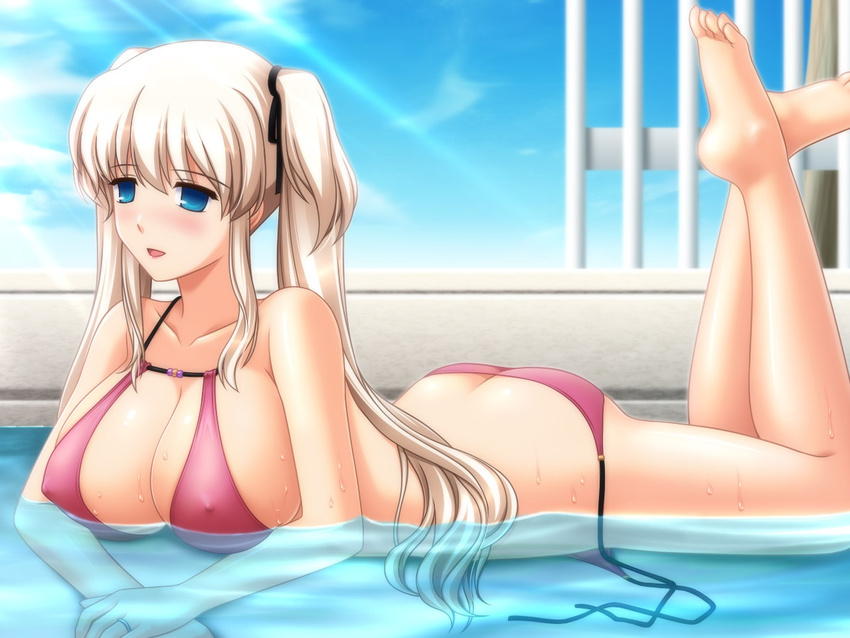 barefoot bikini blue_eyes blush breasts butt_crack cloud covered_nipples day jewelry kafu large_breasts legs light_rays long_hair lying mabinogi nao_(mabinogi) on_stomach partially_submerged pool red_bikini ring shallow_water side-tie_bikini sky solo summer sunbeam sunlight swimsuit thighs twintails untied water wet white_hair