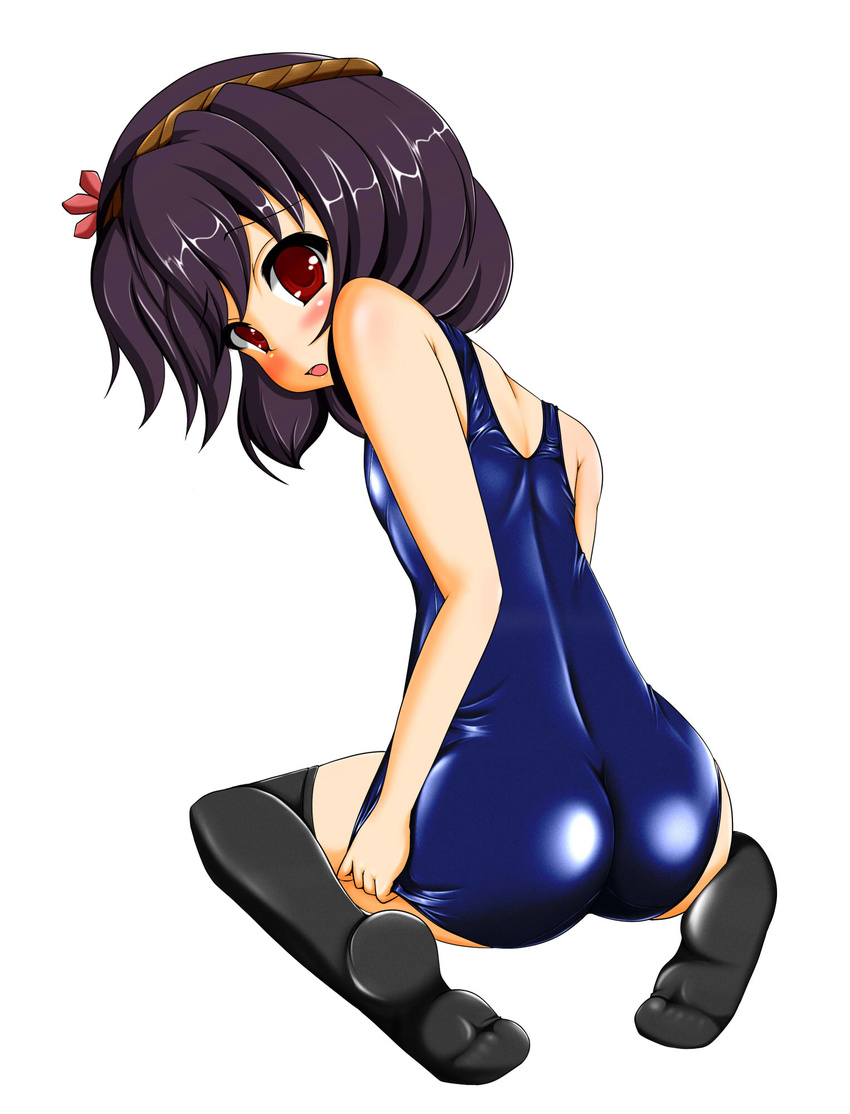 ass bad_id bad_pixiv_id black_legwear blush highres one-piece_swimsuit school_swimsuit shiny shiny_clothes skindentation solo swimsuit tera_hiroshi thighhighs touhou yasaka_kanako