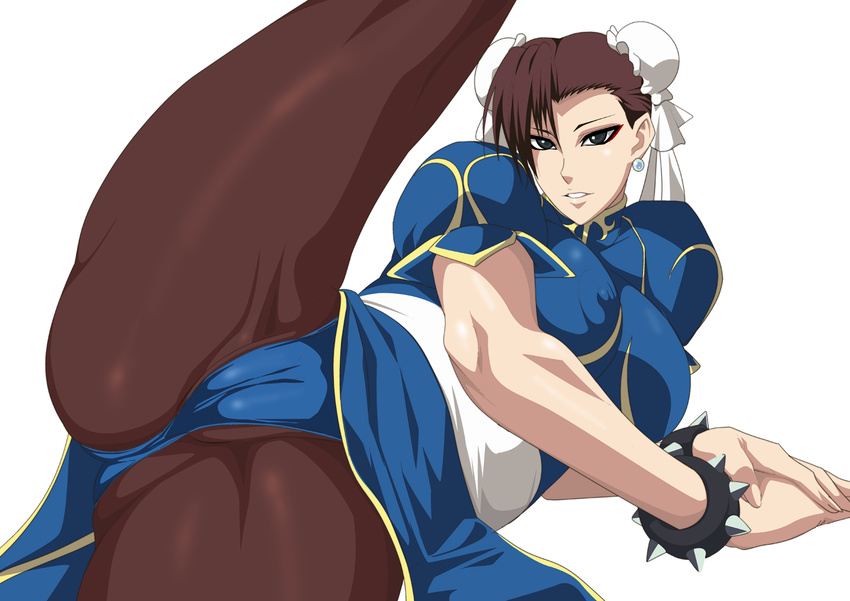 1girl brown_hair cameltoe capcom chun-li earrings highres jewelry lime_(purple_haze) pantyhose solo spread_legs street_fighter thick_thighs thighs
