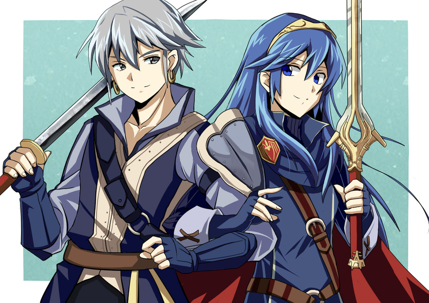 1girl alternate_eye_color armor azur_(fire_emblem) blue_eyes blue_hair earrings falchion_(fire_emblem) fingerless_gloves fingernails fire_emblem fire_emblem:_kakusei gloves grey_eyes grey_hair hair_between_eyes hairband holding hoop_earrings jewelry kagonsatoru long_hair looking_at_another lucina shoulder_armor smile spaulders sword weapon