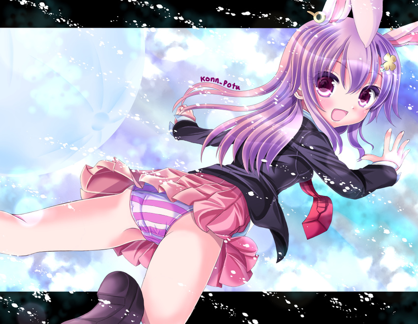 animal_ears blazer bunny_ears from_behind jacket konpotsu looking_back necktie panties purple_hair red_eyes red_neckwear reisen_udongein_inaba solo striped striped_panties touhou underwear