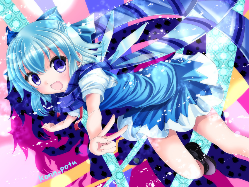 blue_eyes blue_hair cirno hair_ribbon ice ice_wings konpotsu ribbon scarf solo touhou v wings