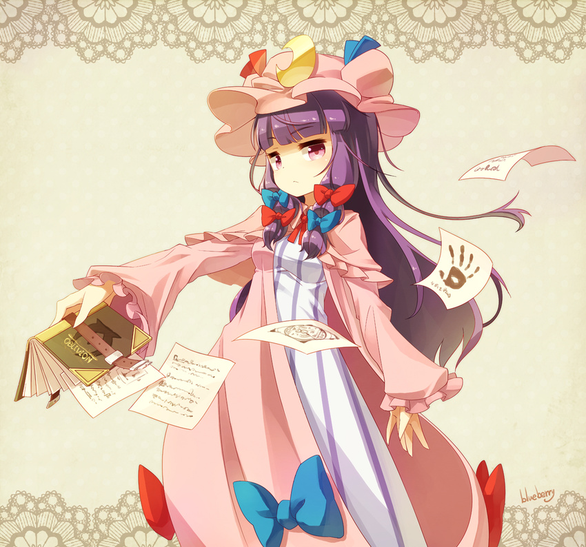 blueberry_(5959) blush book bow crescent hair_bow hand_print hat highres long_hair looking_at_viewer paper patchouli_knowledge purple_eyes purple_hair sidelocks solo standing the_elder_scrolls the_elder_scrolls_iv:_oblivion touhou very_long_hair