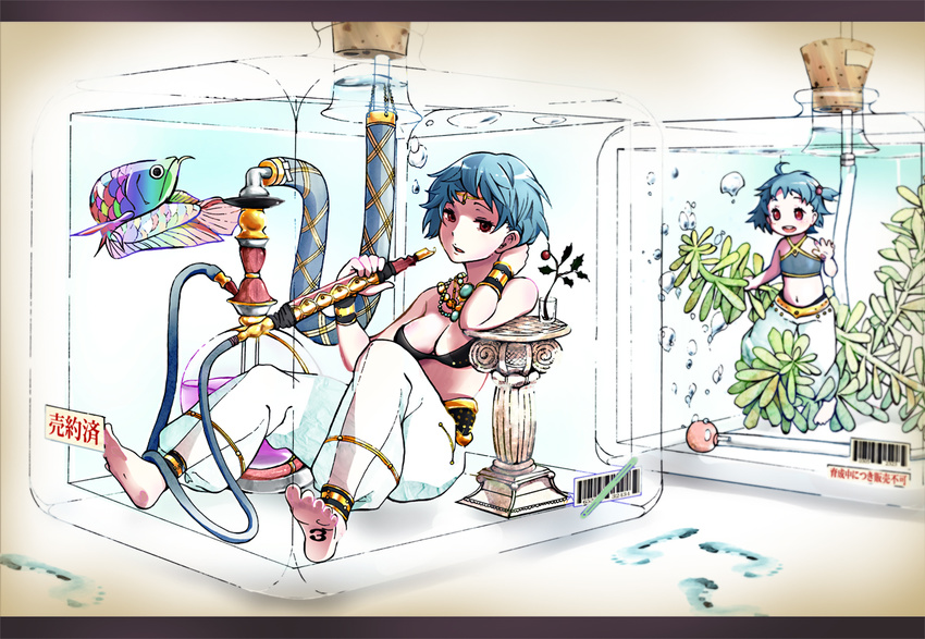 anklet arabian_clothes barcode barefoot bikini_top blue_hair bottle bracelet bubble circlet feet fish harem_pants hookah in_container jewelry kazufumi_(kaz-newt) letterboxed multiple_girls necklace number original pants red_eyes short_hair submerged tattoo