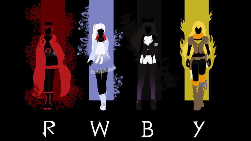 black blake_belladonna boots capelet copyright_name dress grey highres long_hair md5_mismatch monochrome multiple_girls ponytail red ruby_rose rwby silhouette skirt spot_color thothslibrary weiss_schnee white yang_xiao_long yellow