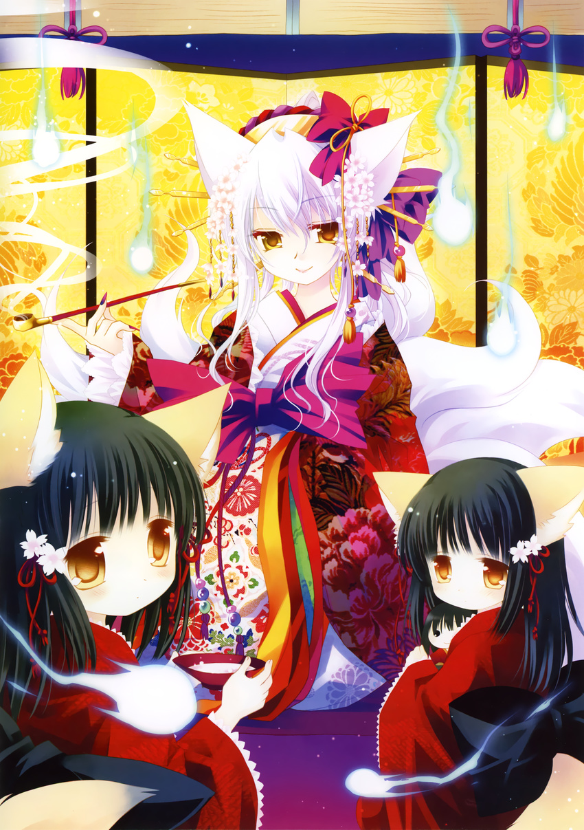 3girls absurdres animal_ears fox_ears fox_tail highres japanese_clothes kimono multiple_girls sakurazawa_izumi tail yellow_eyes