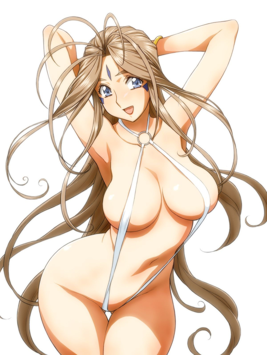 aa_megami-sama antenna_hair armpits arms_up belldandy blue_eyes breasts brown_hair contrapposto facial_mark highres hips joy_division large_breasts legs long_hair looking_at_viewer navel open_mouth simple_background slingshot_swimsuit smile solo standing swimsuit thighs wavy_hair white_background white_swimsuit