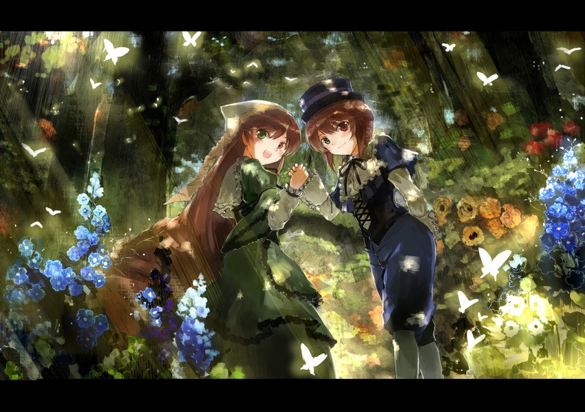 bug butterfly corset dappled_sunlight dress flower green_dress hat heterochromia holding_hands insect letterboxed long_sleeves looking_at_viewer multiple_girls open_mouth pants rozen_maiden shirt smile souseiseki suiseiseki sunlight ultimate_asuka