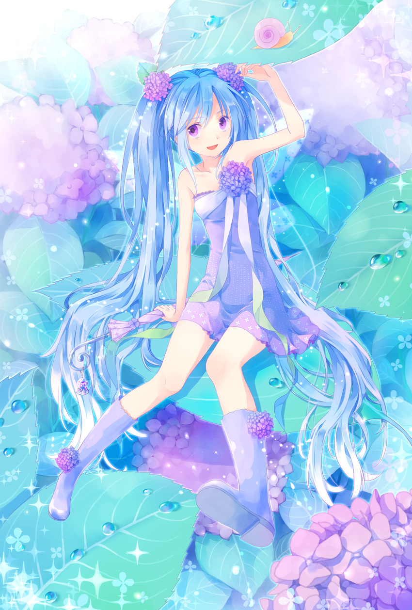 arm_up armpits bad_id bad_pixiv_id blue_hair boots dress fairy fairy_wings flower hair_flower hair_ornament hatsune_miku highres hydrangea leaf long_hair minigirl okitsune_(okitsune-sama) open_mouth rubber_boots snail solo strapless strapless_dress twintails umbrella very_long_hair vocaloid wings