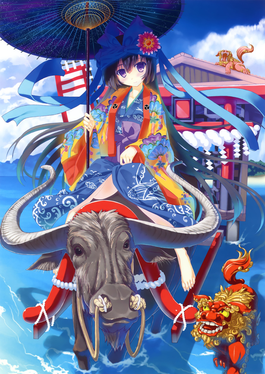 absurdres barefoot bird black_hair blush buffalo cart crow day goshoguruma haori highres japanese_clothes kimono kokonobi long_hair oriental_umbrella original riding robe shrine torii umbrella water