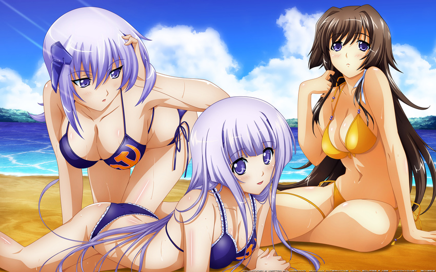 adjusting_hair arm_support beach bikini blue_eyes blue_hair breasts brown_hair cleavage cloud commentary cryska_barchenowa day derivative_work frilled_bikini frills frown hammer_and_sickle hanging_breasts highres inia_sestina large_breasts leaning_forward legs long_hair lying miyata_sou multiple_girls muvluv muvluv_alternative muvluv_total_eclipse navel ocean official_art on_stomach outdoors scan side-tie_bikini sitting sky strap_gap swimsuit takamura_yui thigh_gap thighs third-party_edit vector_trace very_long_hair yellow_bikini
