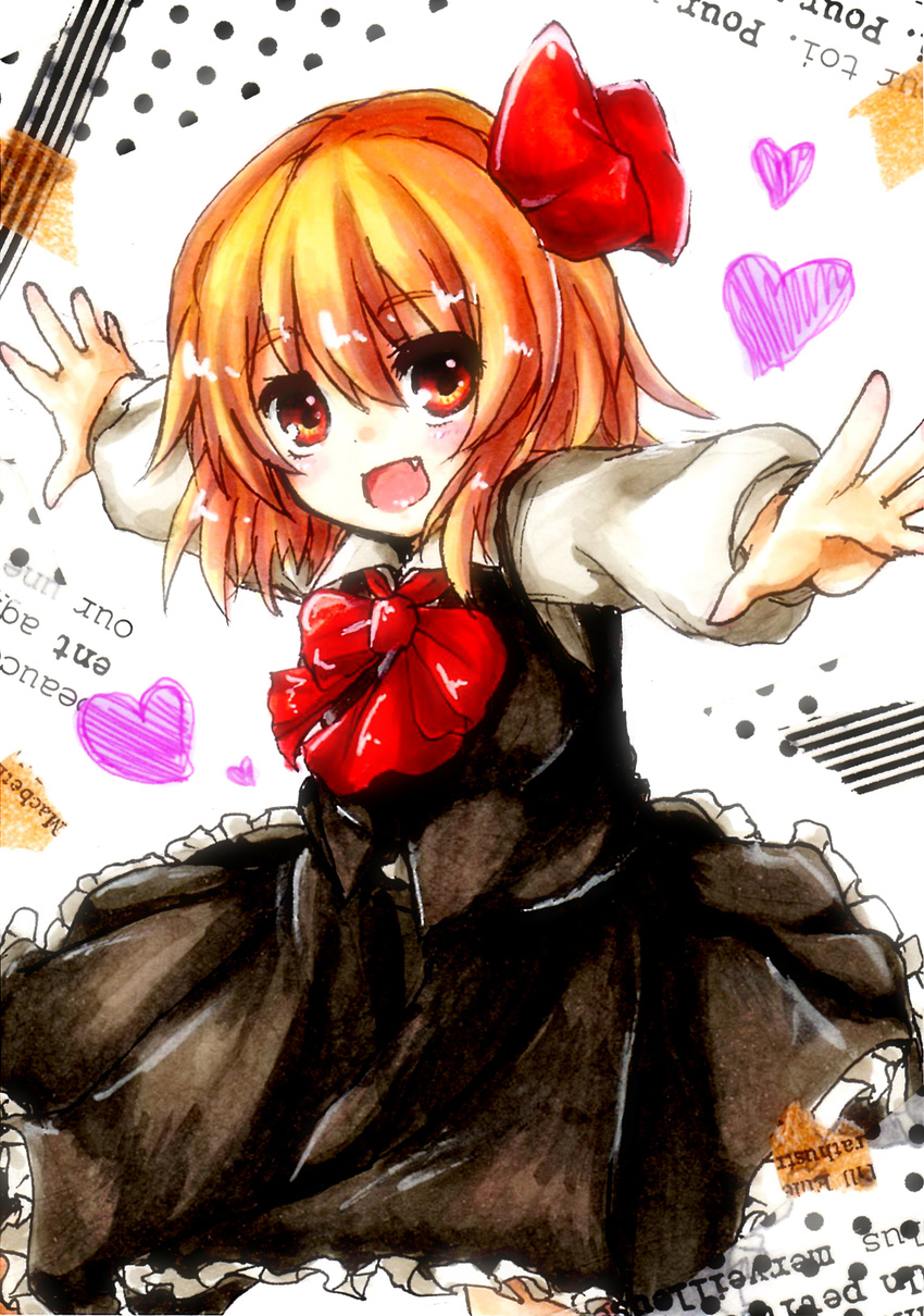 blonde_hair blouse blush fang highres kudukimii necktie open_mouth outstretched_arms red_eyes ribbon rumia short_hair skirt touhou traditional_media vest