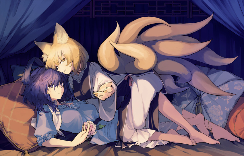 animal_ears anklet barefoot blonde_hair blue_eyes blue_hair commentary_request flower fox_ears fox_tail hair_ornament hair_rings hair_stick jewelry kaku_seiga looking_at_viewer multiple_girls multiple_tails nail_polish nakatani_nio no_hat no_headwear outstretched_hand rose short_hair smile tail touhou vest yakumo_ran yellow_eyes