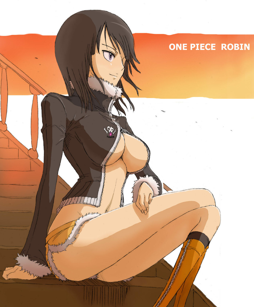 bad_leg black_hair boots breasts character_name copyright_name crossed_legs fur_trim highres jacket large_breasts miniskirt navel nico_robin one_piece sitting skirt solo stairs yooo