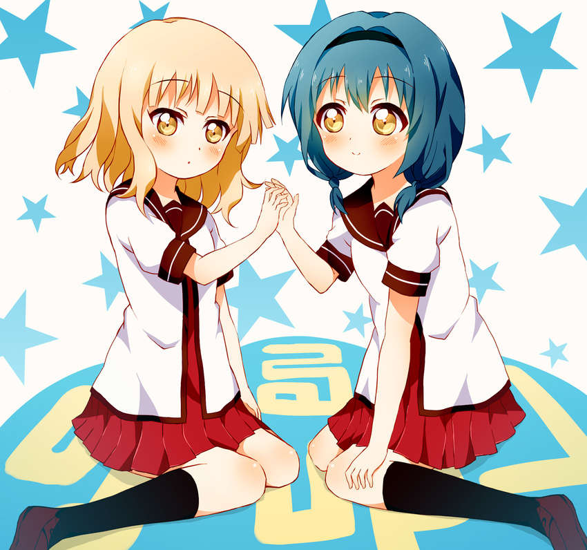 black_legwear blonde_hair blue_hair braid furutani_himawari hairband highres kneehighs looking_at_viewer multiple_girls mushuu nanamori_school_uniform oomuro_sakurako school_uniform serafuku shoes sitting smile twin_braids wariza yellow_eyes yuru_yuri