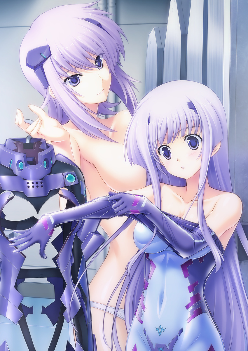 2girls absurdres artist_request bare_shoulders bodysuit breasts censored cleavage clothed_navel collarbone convenient_censoring cryska_barchenowa dressing fortified_suit hair_ornament highres inia_sestina lavender_eyes lavender_hair long_hair multiple_girls muvluv muvluv_alternative muvluv_total_eclipse panties parted_lips purple_eyes purple_hair tilted_head total_eclipse underwear very_long_hair white_panties