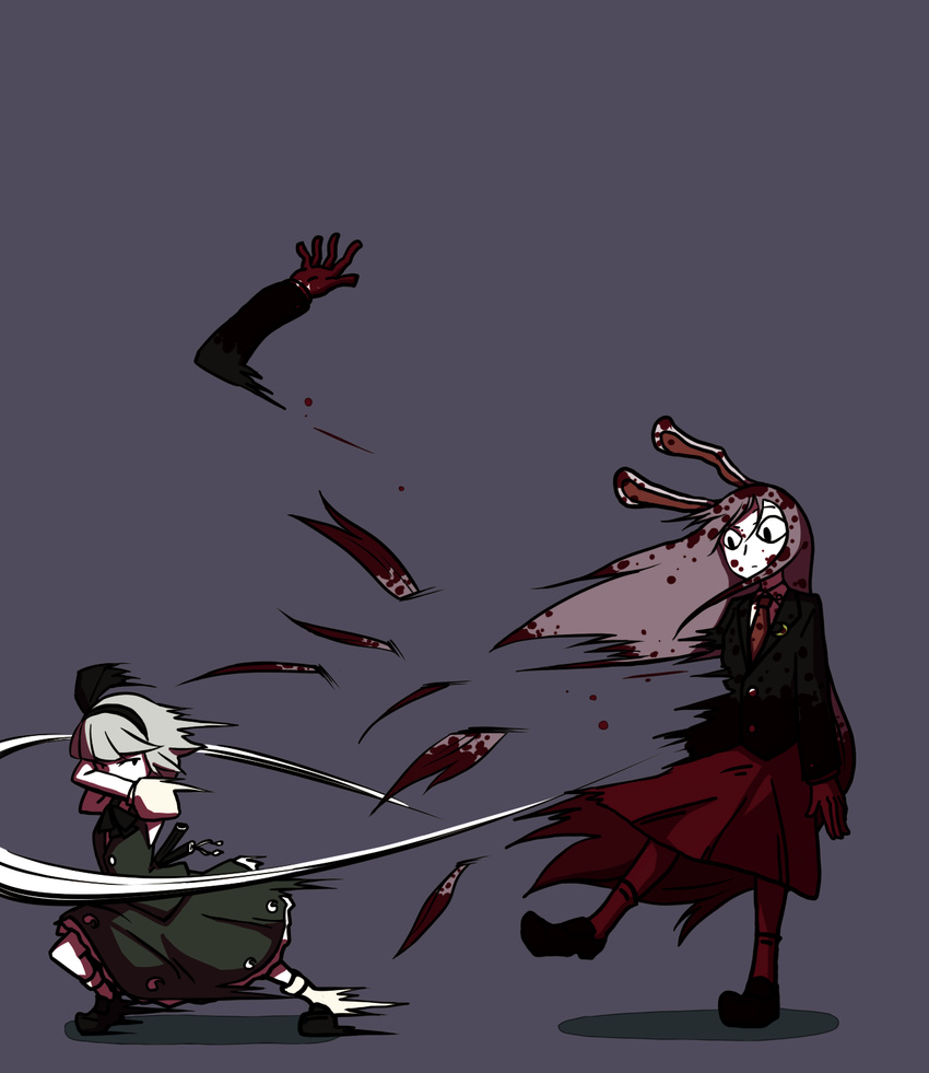 animal_ears blood bunny_ears commentary_request dismemberment highres inarou_(rakugakiproject) konpaku_youmu long_hair multiple_girls purple_hair reisen_udongein_inaba severed_arm severed_limb shadow shoes short_hair silver_hair simple_background skirt socks sword touhou weapon
