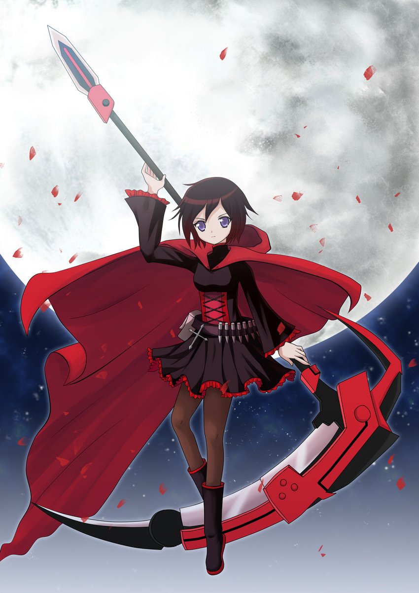 absurdres boots cape crescent_rose full_moon guhua67 highres moon pantyhose petals purple_eyes red_hair rose_petals ruby_rose rwby scythe serious short_hair skirt sky solo star_(sky) weapon