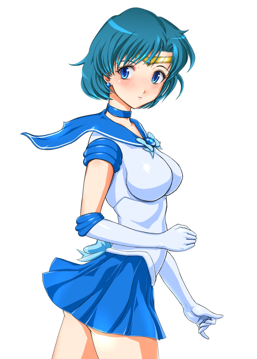 back_bow bishoujo_senshi_sailor_moon blue_choker blue_eyes blue_hair blue_sailor_collar blue_skirt bow breasts choker earrings elbow_gloves gloves highres jewelry magical_girl medium_breasts mizuno_ami nape sailor_collar sailor_mercury sailor_senshi_uniform short_hair skirt smile solo tiara white_gloves zzy