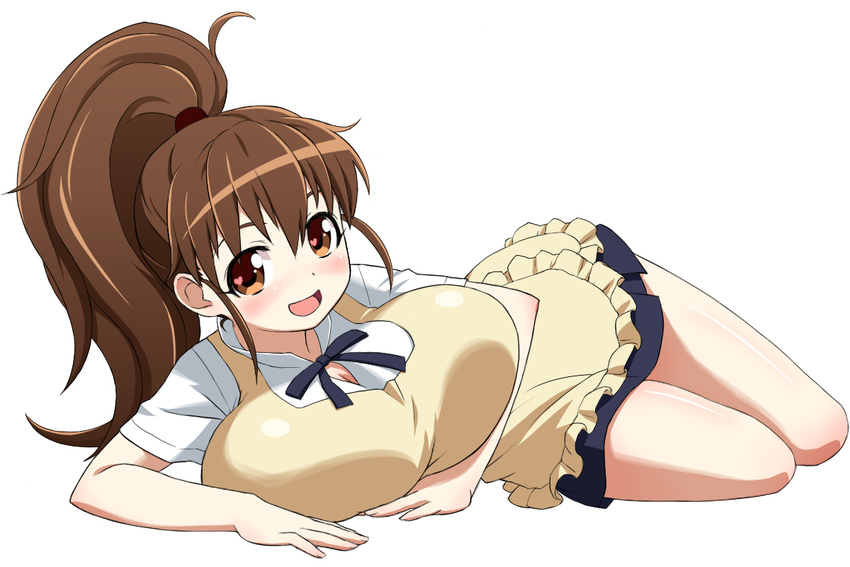 :d apron breasts brown_eyes brown_hair huge_breasts long_hair lying open_mouth ponytail smile solo taneshima_popura umi_no_tarako working!!