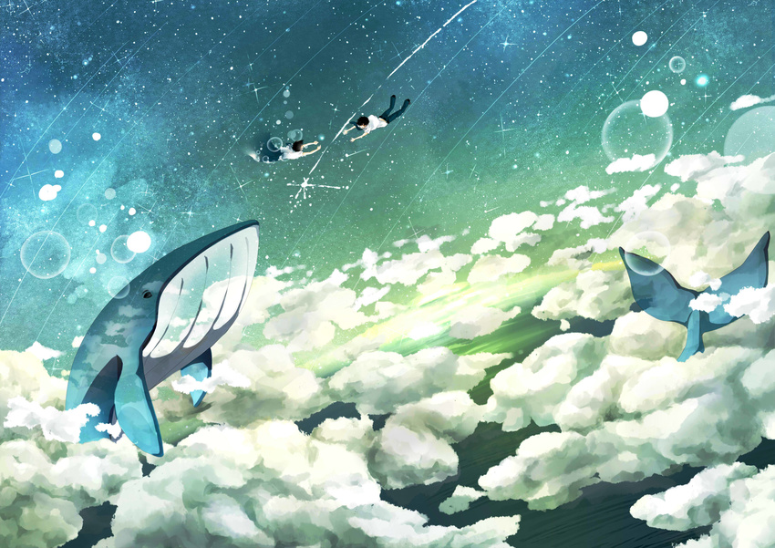 1girl absurdres chodo_(mahumohi) cloud falling flying_whale highres original scenery school_uniform shooting_star sky star_(sky) surreal whale