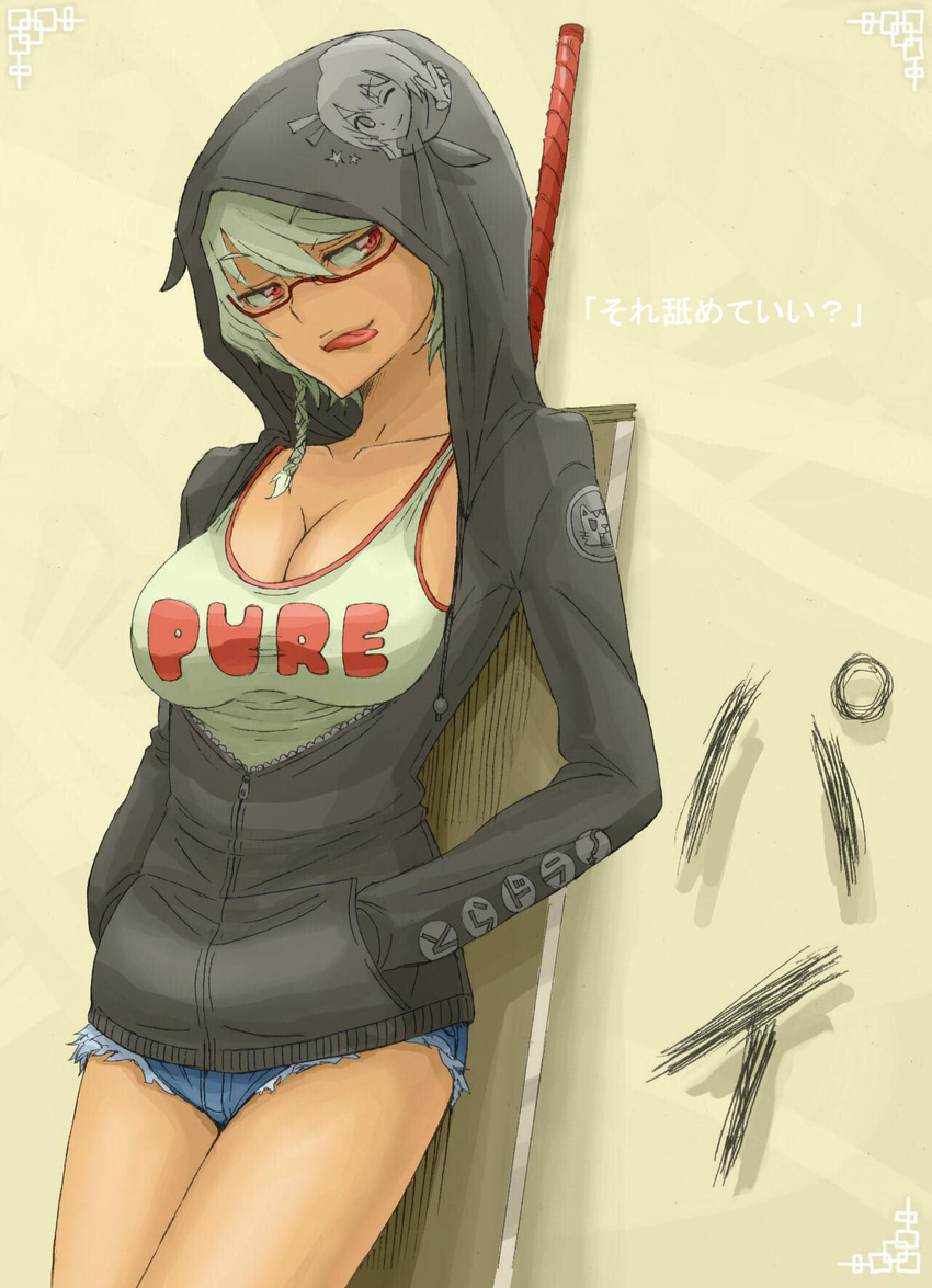 breasts cleavage clothes_writing cutoffs denim denim_shorts glasses highres jacket large_breasts one_eye_closed open_clothes open_jacket original pink_eyes red-framed_eyewear red_eyes scarf semi-rimless_eyewear short_hair short_shorts shorts silver_hair solo sword tank_top tongue translated under-rim_eyewear weapon yooo