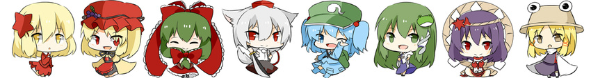 aki_minoriko aki_shizuha bad_id bad_pixiv_id blonde_hair blue_eyes blue_hair bow closed_eyes green_eyes green_hair hat inubashiri_momiji kagiyama_hina katori_(quietude) kawashiro_nitori kochiya_sanae leaf long_hair long_image moriya_suwako mountain_of_faith multiple_girls one_eye_closed purple_hair red_eyes ribbon short_hair silver_hair simple_background smile touhou white_background wide_image yasaka_kanako yellow_eyes