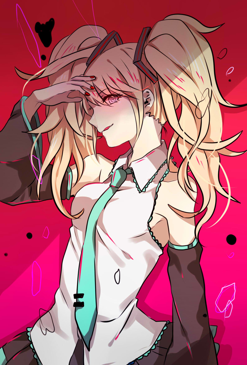 bare_shoulders blonde_hair blue_eyes cosplay danganronpa danganronpa_1 detached_sleeves enoshima_junko hatsune_miku hatsune_miku_(cosplay) highres kurozatou_owata long_hair nail_polish necktie solo twintails vocaloid