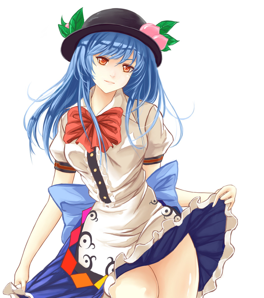 bad_id bad_pixiv_id blue_hair food fruit hat highres hinanawi_tenshi leaf long_hair peach red_eyes simple_background skirt skirt_lift smile solo touhou white_background x&amp;x&amp;x