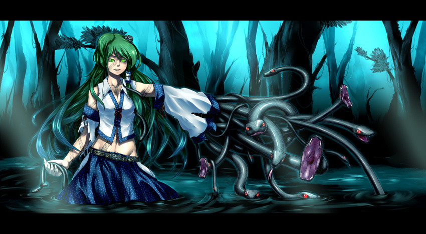 bodypaint commentary_request dark detached_sleeves green_eyes green_hair hair_ornament hair_tubes highres kochiya_sanae long_hair looking_at_viewer oso_(toolate) snake solo swamp torn_clothes touhou very_long_hair wading
