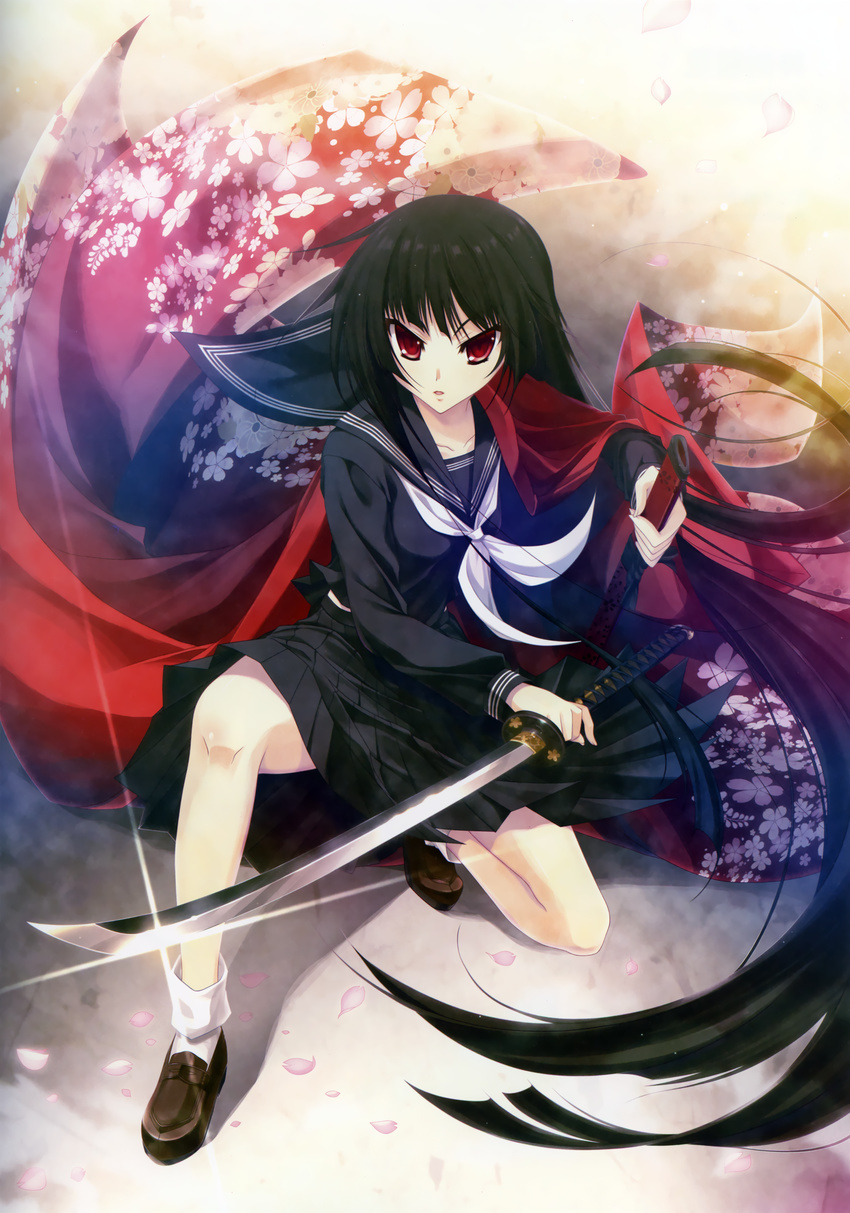 1girl absurdres black_hair cape highes highres katagiri_hinata long_hair sword weapon