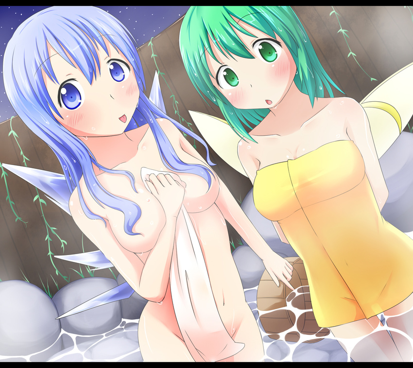 :p blue_eyes blue_hair blush breasts bucket chestnut_mouth cirno covering daiyousei fairy_wings green_eyes green_hair hair_censor hair_over_breasts highres ice ice_wings long_hair makuran medium_breasts multiple_girls naked_towel nude_cover older onsen plant tongue tongue_out touhou towel vines wet wings wooden_bucket