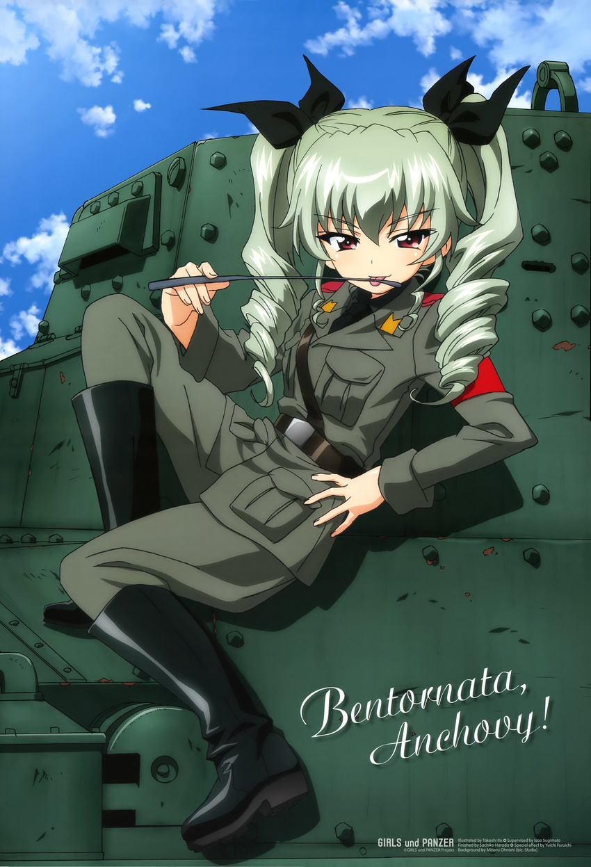 :p absurdres anchovy animage announcement_celebration anzio_military_uniform belt black_shirt boots brown_eyes carro_armato carro_armato_p40 dress_shirt drill_hair girls_und_panzer green_hair grey_jacket grey_pants ground_vehicle hair_ribbon highres italian itou_takeshi jacket knee_boots licking long_hair long_sleeves military military_uniform military_vehicle motor_vehicle necktie official_art on_vehicle pants ribbon riding_crop scan sexually_suggestive shirt shoulder_belt smile solo tank tongue tongue_out twin_drills twintails uniform