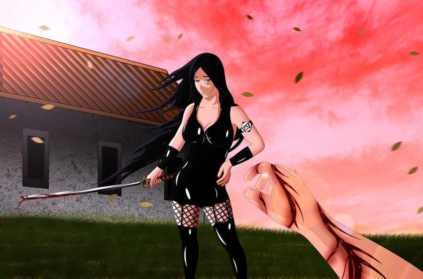 1girl bleach blood breasts cleavage dress fishnet_legwear fishnet_stockings fishnets long_hair male_hand outdoors short_dress skirt sword thighhighs unohana_retsu weapon