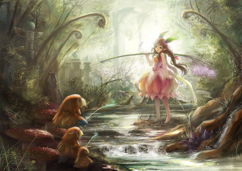 bird braid brown_hair building crystal dress eagle fantasy fern flower forest grass leaf long_hair miyai_haruki mushroom nature original parrot pink_dress purple_eyes ribbon river solo structure totem_pole tree water