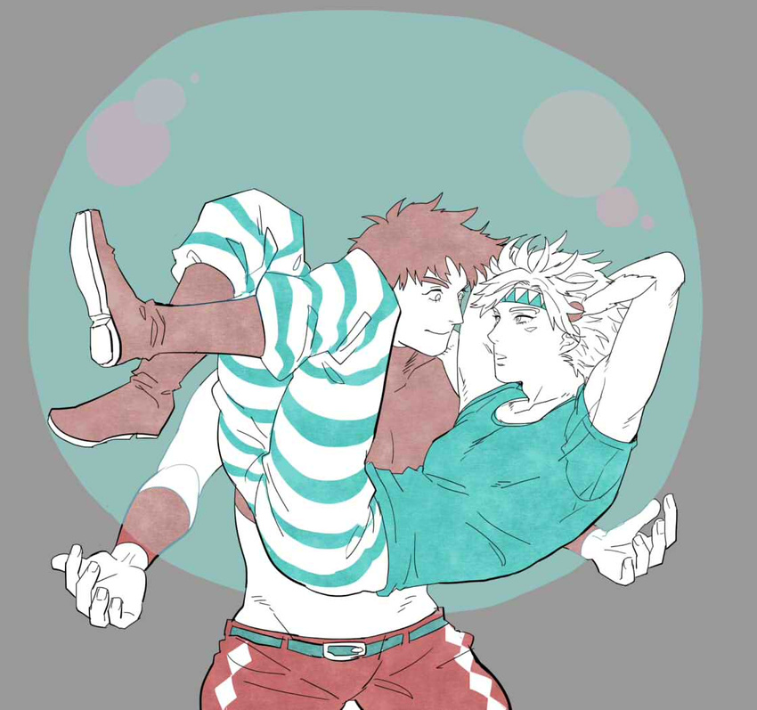 bad_id bad_pixiv_id blonde_hair boots bubble caesar_anthonio_zeppeli crop_top facial_mark feathers fingerless_gloves gloves groin hair_feathers headband in_bubble jojo_no_kimyou_na_bouken joseph_joestar_(young) midriff multiple_boys pants smile striped striped_pants tosaka-maru